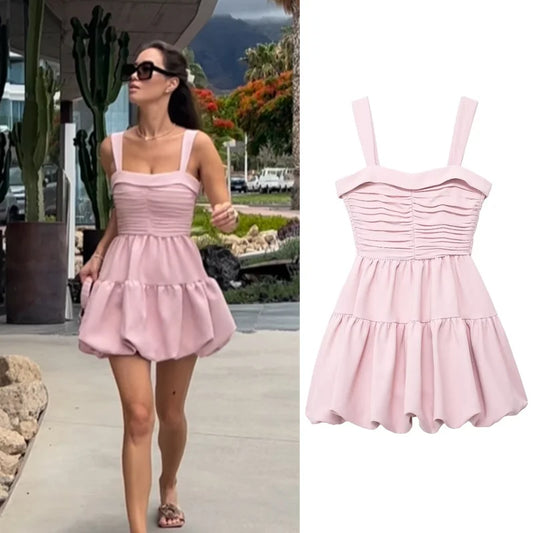 Mini Dresses- Romantic Blush Ruffled Dress for Sunny Days- Pink- Pekosa Women Fashion