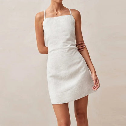 Mini Dresses- Tailored Backless Cotton-Linen Mini Dress- White- Pekosa Women Fashion