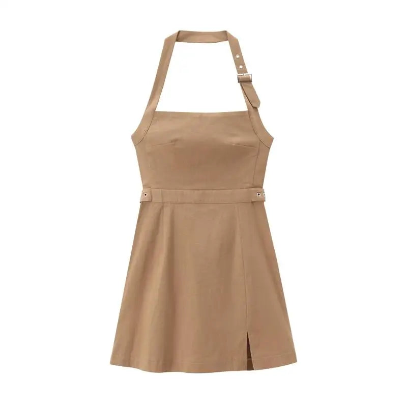 Mini Dresses- Tailored Fit-and-Flare Backless Halter Dress- Khaki- Chuzko Women Clothing