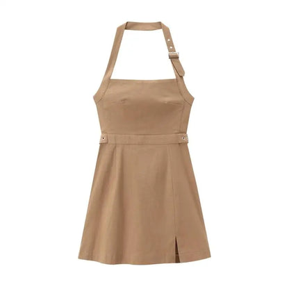 Mini Dresses- Tailored Fit-and-Flare Backless Halter Dress- Khaki- Chuzko Women Clothing