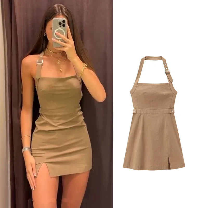 Mini Dresses- Tailored Fit-and-Flare Backless Halter Dress- - Chuzko Women Clothing