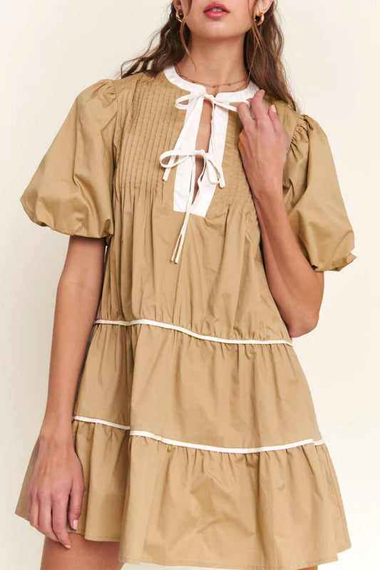 Mini Dresses - Casual Cotton Dress with Tie-up Front