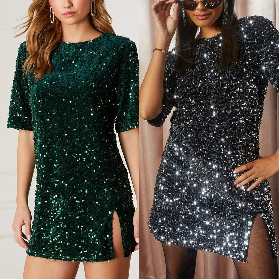 Mini Dresses - V-Shape Back Sequin Mini Dress Elbow Sleeve Evening Wear