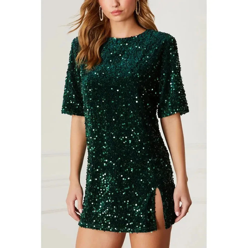 Mini Dresses - V-Shape Back Sequin Mini Dress Elbow Sleeve Evening Wear