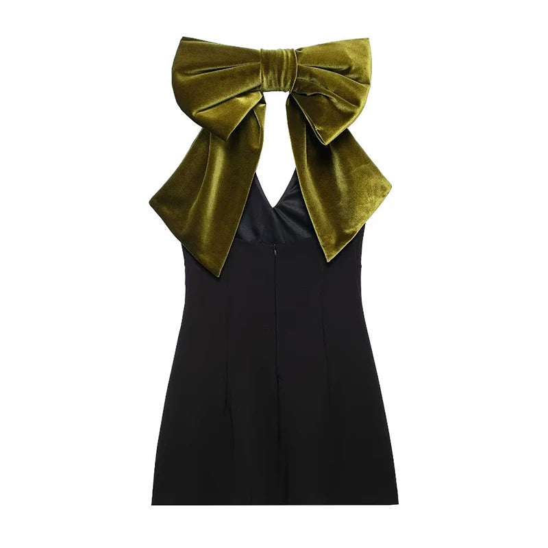 Mini Dresses - Velvet Mini Dress with Dramatic Bow for Fashion Lovers