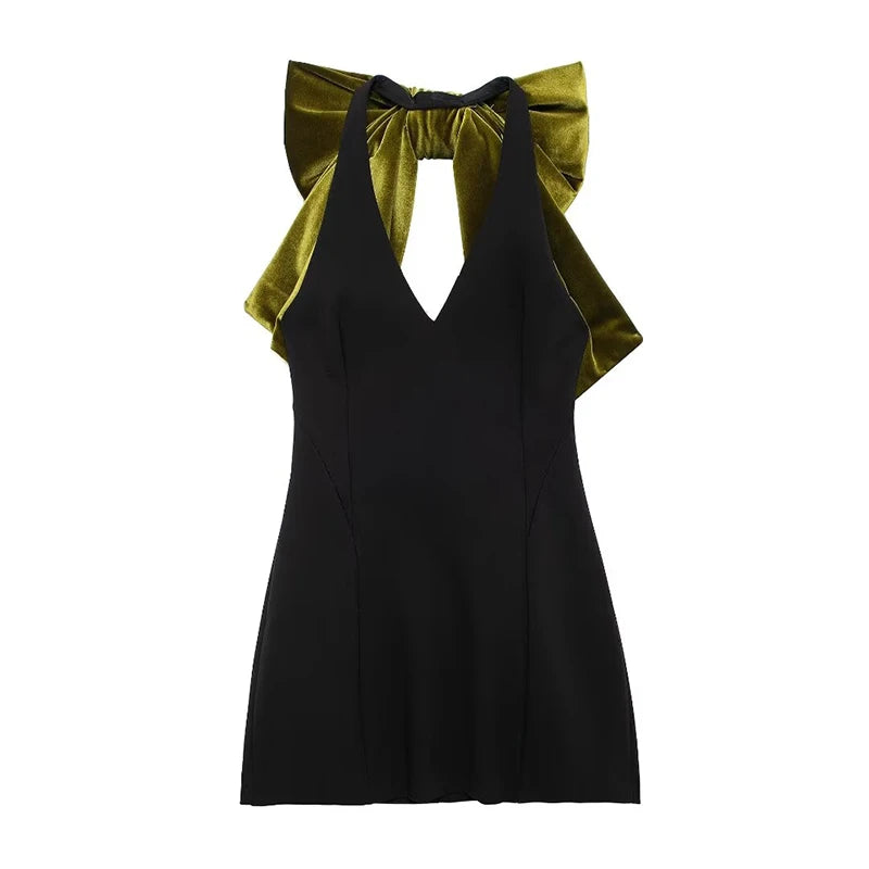 Mini Dresses - Velvet Mini Dress with Dramatic Bow for Fashion Lovers