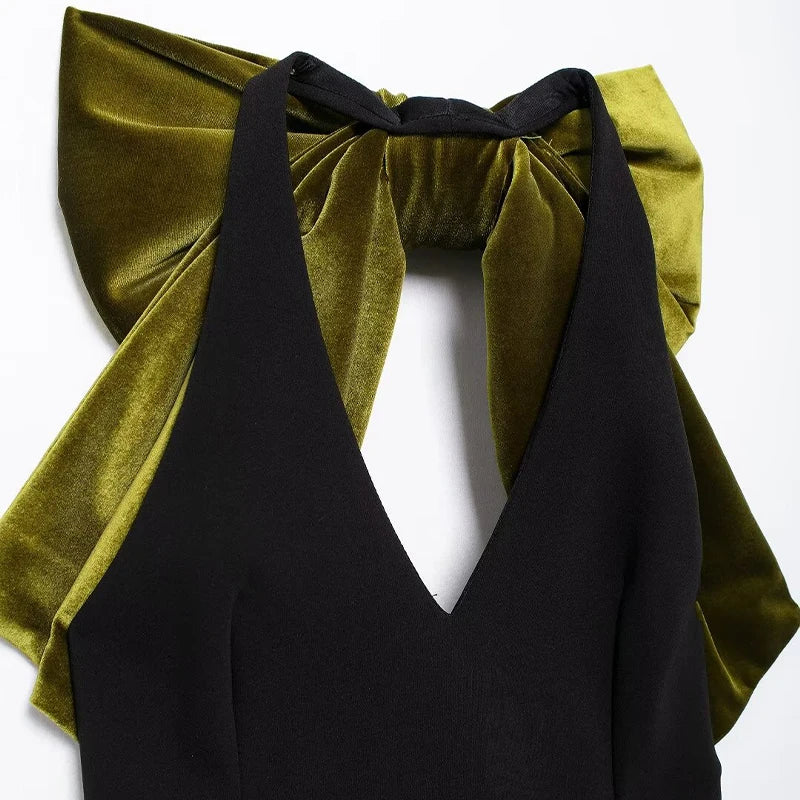 Mini Dresses - Velvet Mini Dress with Dramatic Bow for Fashion Lovers