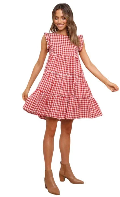 Mini Dresses- Women Ruffled Shoulder Tiered Gingham Mini Dress- - Pekosa Women Fashion