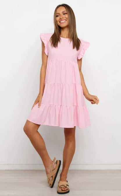 Mini Dresses- Women Ruffled Shoulder Tiered Gingham Mini Dress- Pink- Pekosa Women Fashion