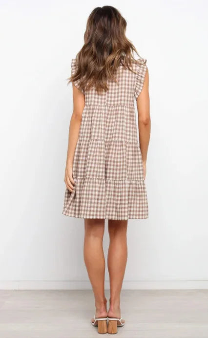 Mini Dresses- Women Ruffled Shoulder Tiered Gingham Mini Dress- - Pekosa Women Fashion