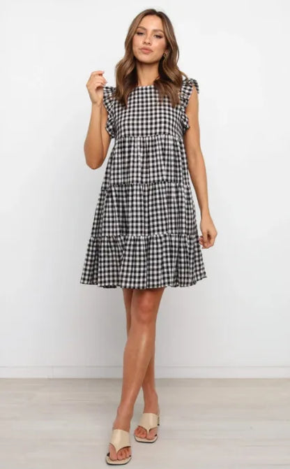 Mini Dresses- Women Ruffled Shoulder Tiered Gingham Mini Dress- Black white plaid- Pekosa Women Fashion