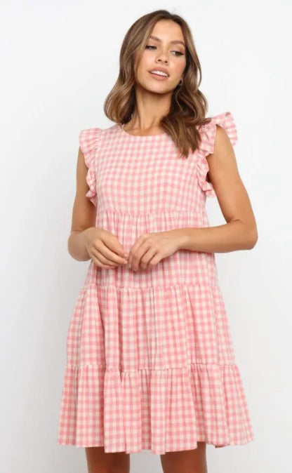 Mini Dresses- Women Ruffled Shoulder Tiered Gingham Mini Dress- Pink white plaid- Pekosa Women Fashion