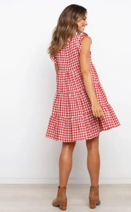 Mini Dresses- Women Ruffled Shoulder Tiered Gingham Mini Dress- - Pekosa Women Fashion