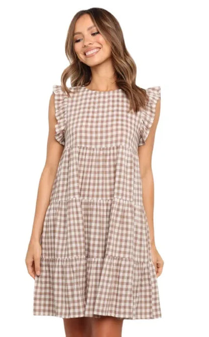 Mini Dresses- Women Ruffled Shoulder Tiered Gingham Mini Dress- - Pekosa Women Fashion