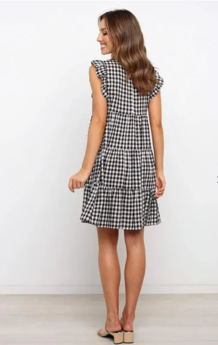 Mini Dresses- Women Ruffled Shoulder Tiered Gingham Mini Dress- - Pekosa Women Fashion