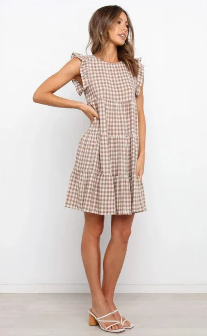 Mini Dresses- Women Ruffled Shoulder Tiered Gingham Mini Dress- - Pekosa Women Fashion