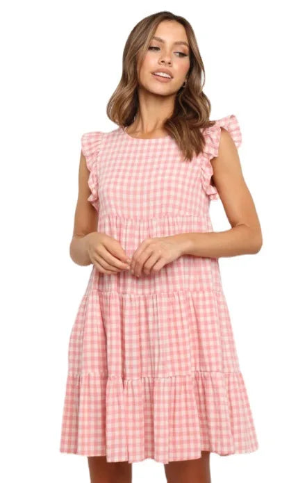 Mini Dresses- Women Ruffled Shoulder Tiered Gingham Mini Dress- - Pekosa Women Fashion