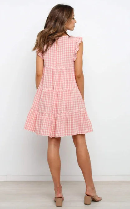 Mini Dresses- Women Ruffled Shoulder Tiered Gingham Mini Dress- - Pekosa Women Fashion