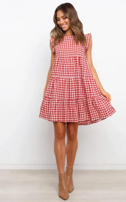 Mini Dresses- Women Ruffled Shoulder Tiered Gingham Mini Dress- Red white plaid- Pekosa Women Fashion