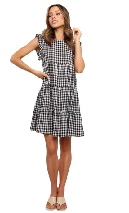 Mini Dresses- Women Ruffled Shoulder Tiered Gingham Mini Dress- - Pekosa Women Fashion