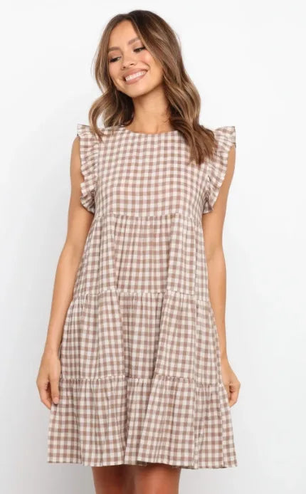 Mini Dresses- Women Ruffled Shoulder Tiered Gingham Mini Dress- - Pekosa Women Fashion