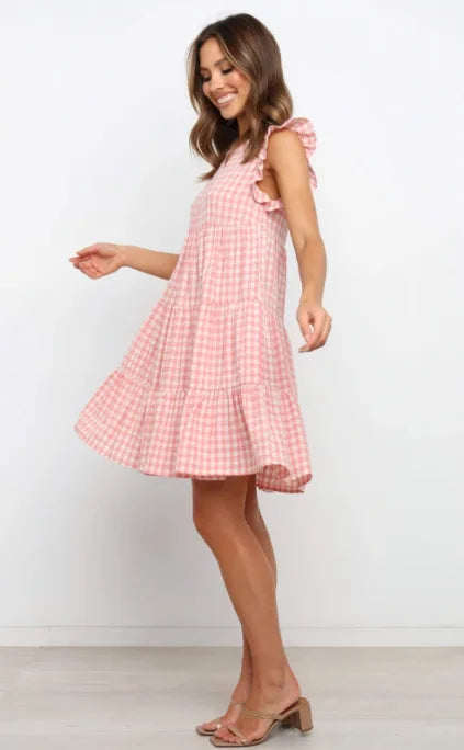 Mini Dresses- Women Ruffled Shoulder Tiered Gingham Mini Dress- - Pekosa Women Fashion