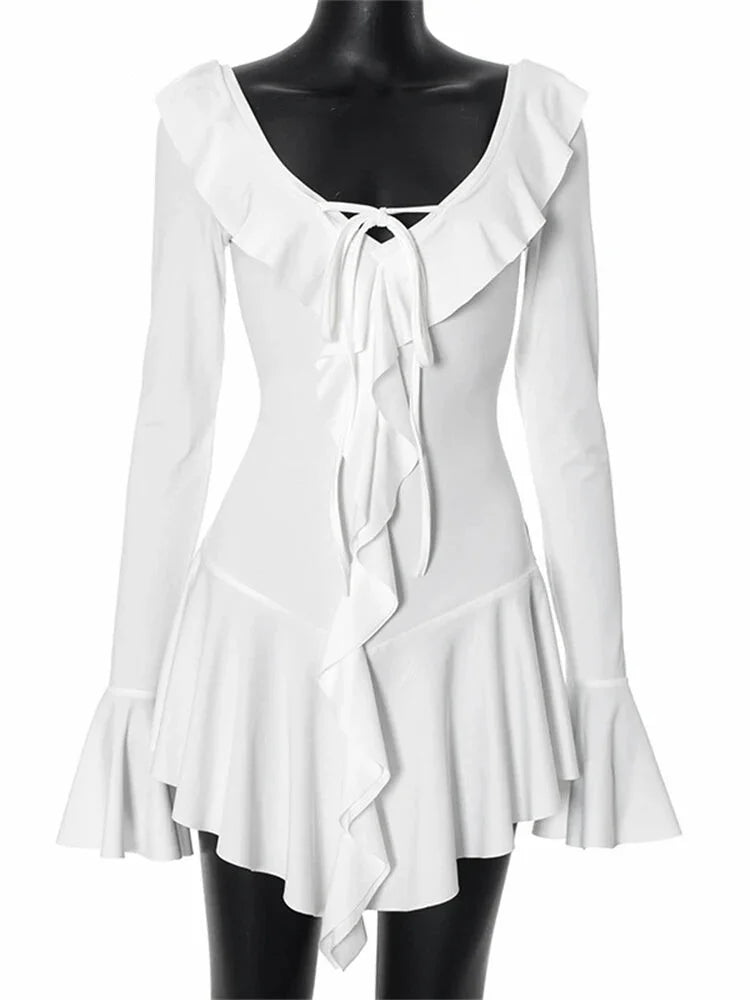 Mini Dresses- Women White Ruffle Mini Dress for Special Occasions- - Chuzko Women Clothing