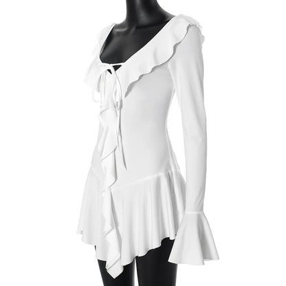 Mini Dresses- Women White Ruffle Mini Dress for Special Occasions- - Chuzko Women Clothing