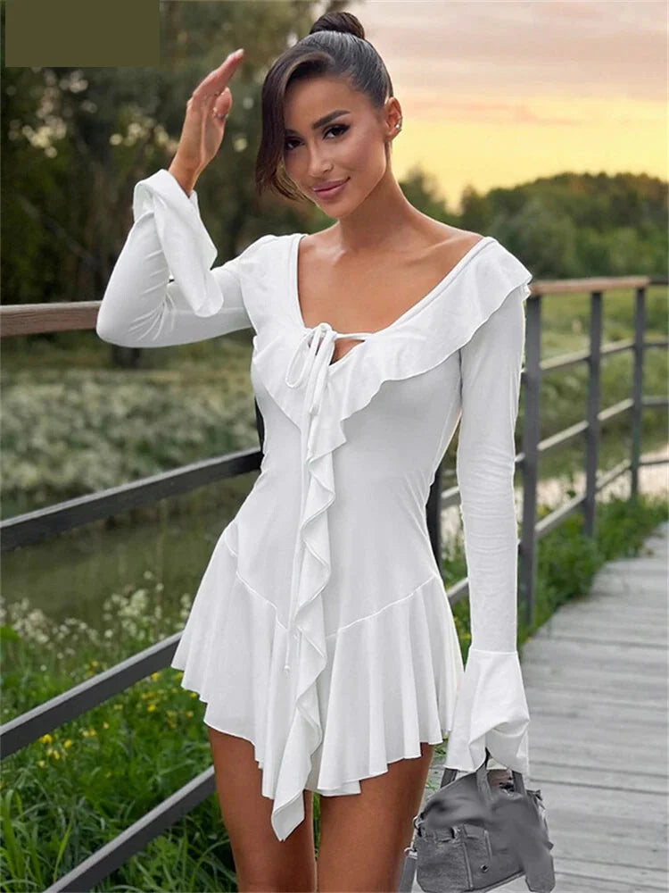 Mini Dresses- Women White Ruffle Mini Dress for Special Occasions- - Chuzko Women Clothing