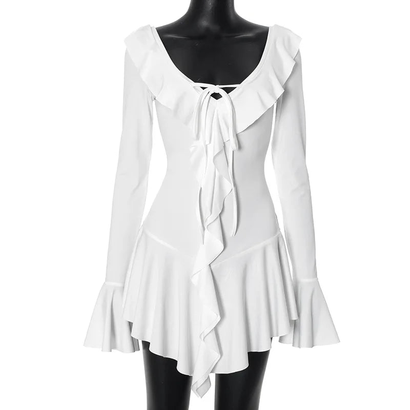 Mini Dresses- Women White Ruffle Mini Dress for Special Occasions- - Chuzko Women Clothing