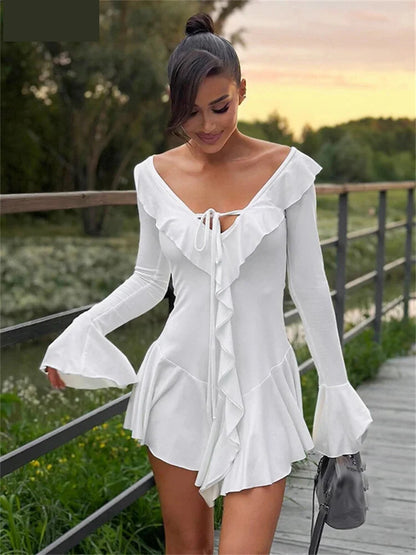 Mini Dresses- Women White Ruffle Mini Dress for Special Occasions- - Chuzko Women Clothing