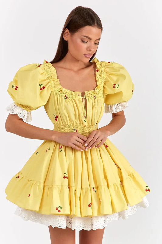 Mini Dresses- Women Yellow Cottagecore-Inspired Mini Dress with Cherry Accents- - Pekosa Women Fashion