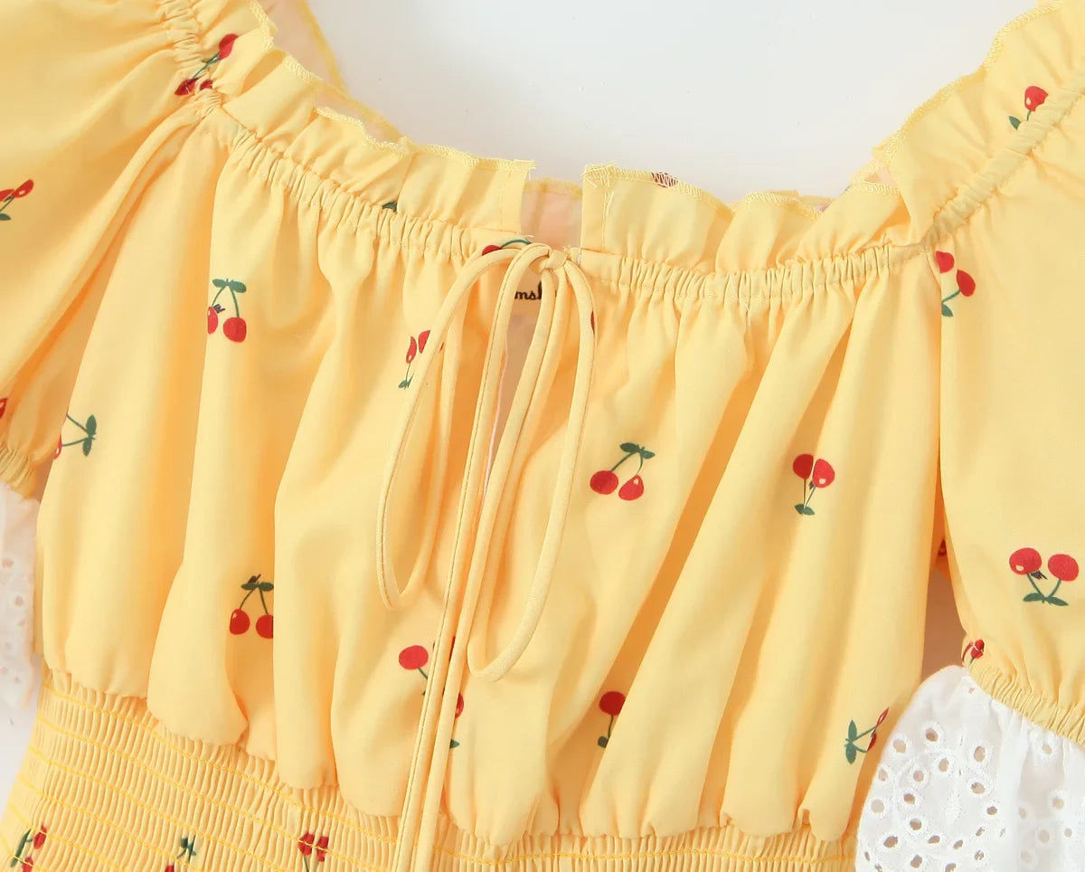 Mini Dresses- Women Yellow Cottagecore-Inspired Mini Dress with Cherry Accents- - Pekosa Women Fashion