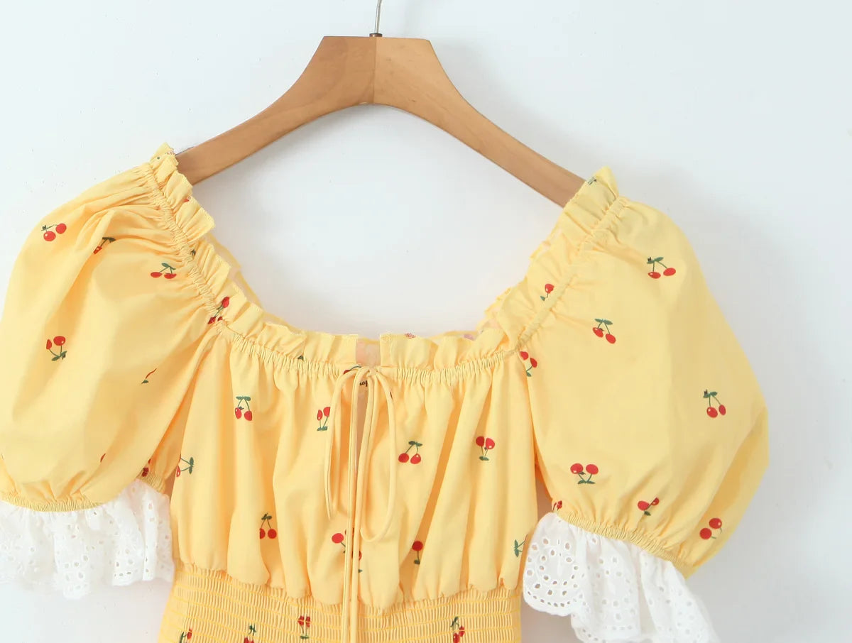 Mini Dresses- Women Yellow Cottagecore-Inspired Mini Dress with Cherry Accents- - Pekosa Women Fashion