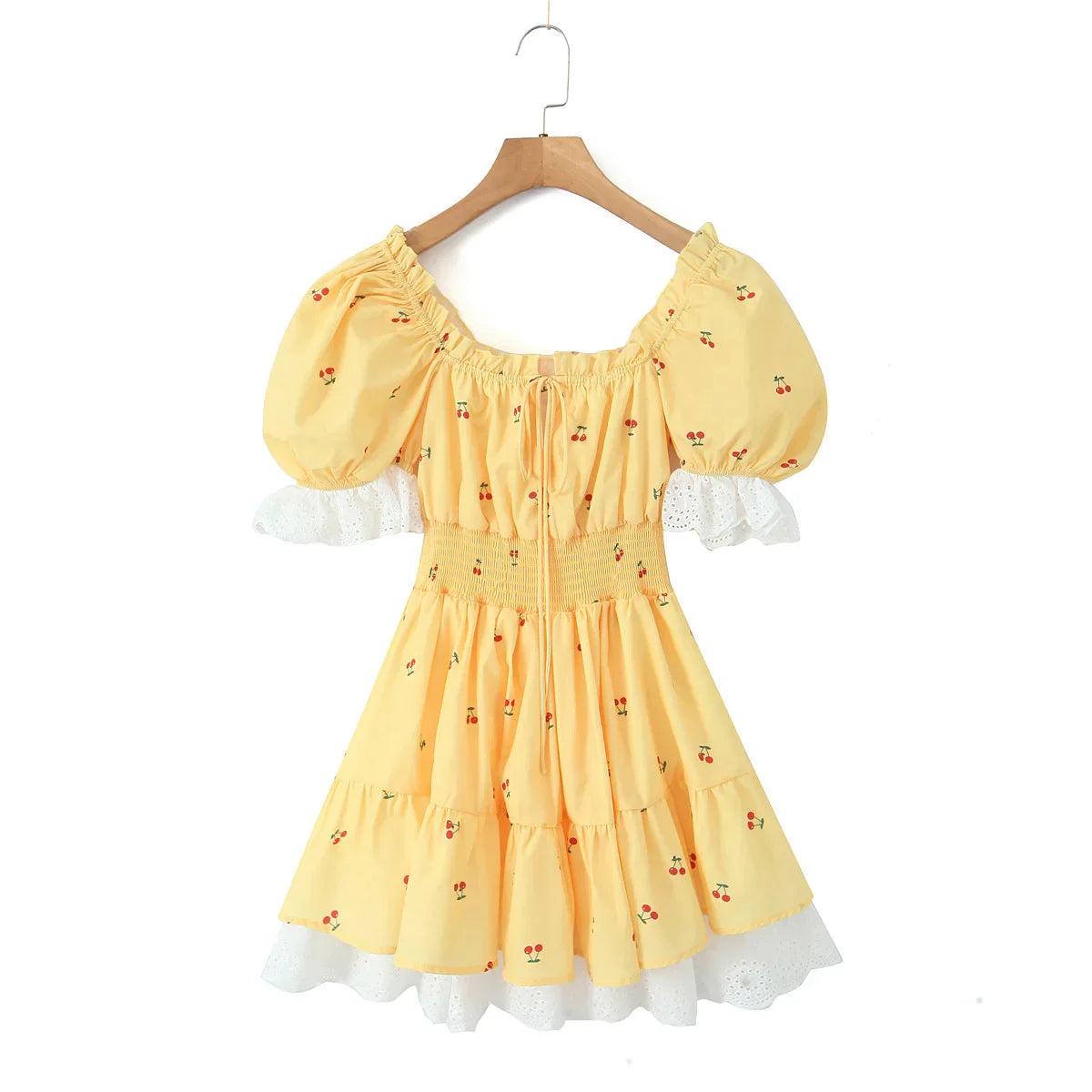 Mini Dresses- Women Yellow Cottagecore-Inspired Mini Dress with Cherry Accents- - Pekosa Women Fashion