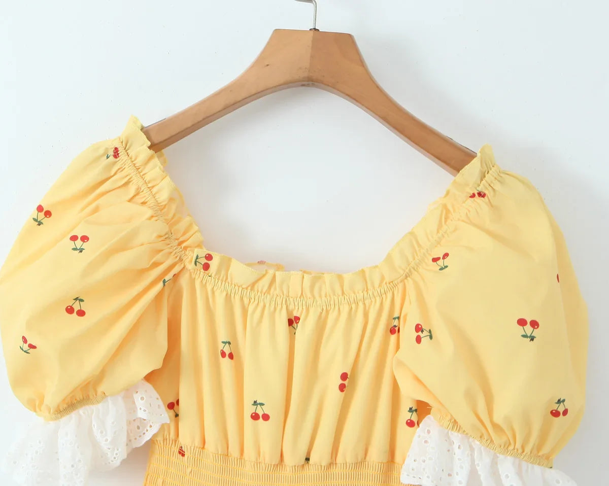 Mini Dresses- Women Yellow Cottagecore-Inspired Mini Dress with Cherry Accents- - Pekosa Women Fashion