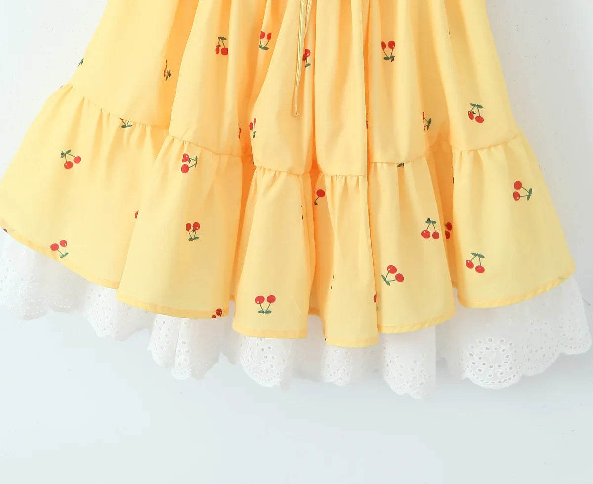 Mini Dresses- Women Yellow Cottagecore-Inspired Mini Dress with Cherry Accents- - Pekosa Women Fashion