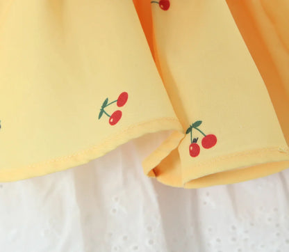 Mini Dresses- Women Yellow Cottagecore-Inspired Mini Dress with Cherry Accents- - Pekosa Women Fashion