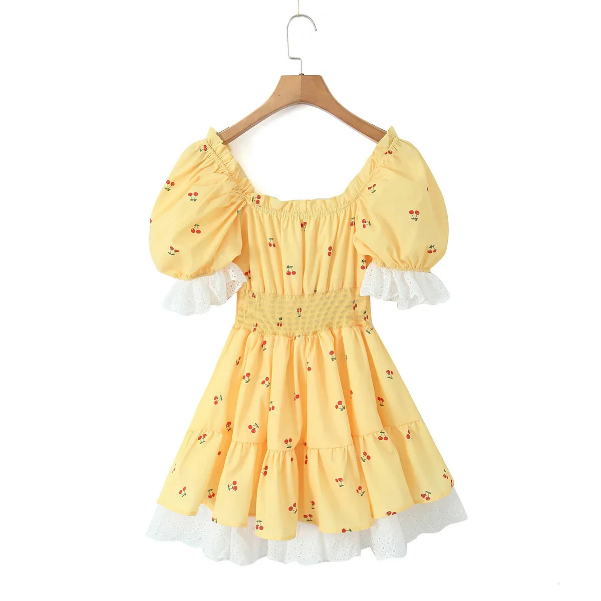 Mini Dresses- Women Yellow Cottagecore-Inspired Mini Dress with Cherry Accents- - Pekosa Women Fashion