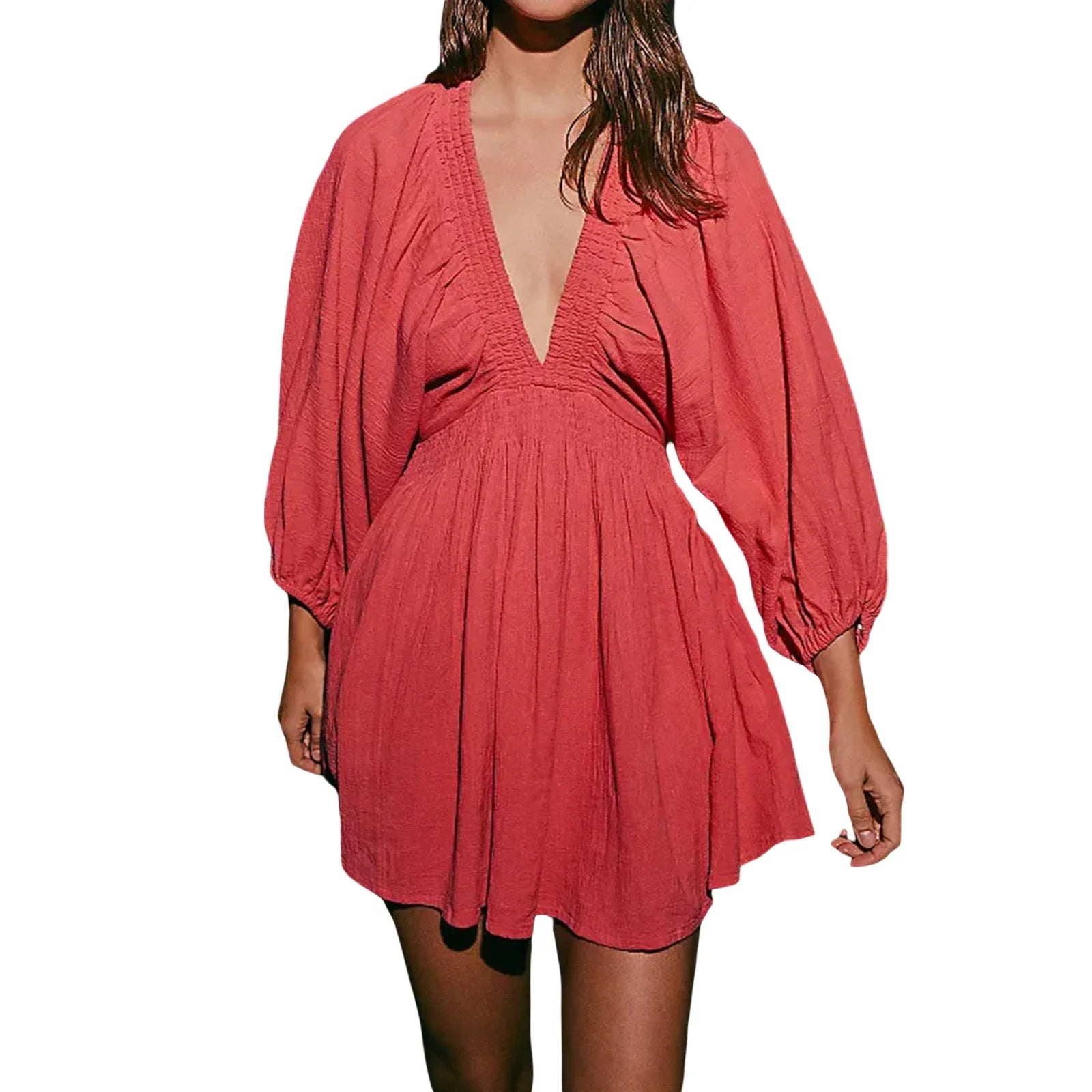 Mini Dresses- Women's Smocked Waistband Mini Dress with Lantern Sleeves- Red- Pekosa Women Fashion