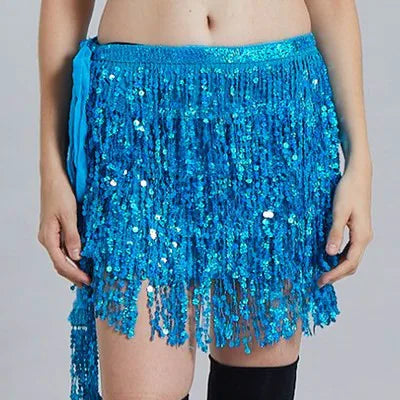 Mini Skirts- Golden Tassel Hip Scarf Skirt for Belly Dancers- skyblue- Chuzko Women Clothing