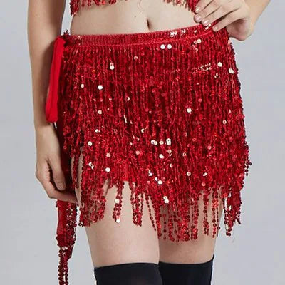 Mini Skirts- Golden Tassel Hip Scarf Skirt for Belly Dancers- Red- Chuzko Women Clothing