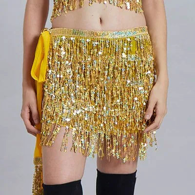 Mini Skirts- Golden Tassel Hip Scarf Skirt for Belly Dancers- Gold- Chuzko Women Clothing