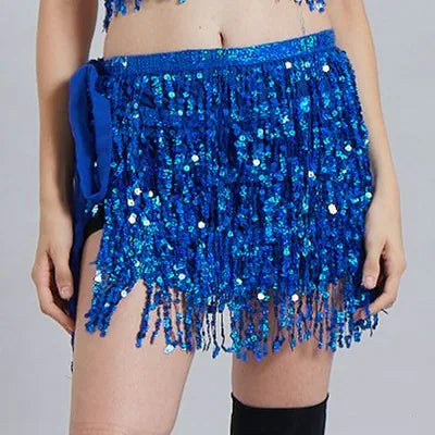 Mini Skirts- Golden Tassel Hip Scarf Skirt for Belly Dancers- royalblue- Chuzko Women Clothing