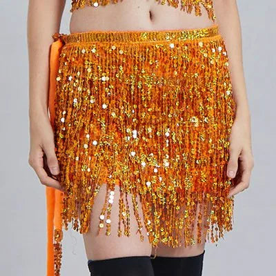 Mini Skirts- Golden Tassel Hip Scarf Skirt for Belly Dancers- Orange- Chuzko Women Clothing