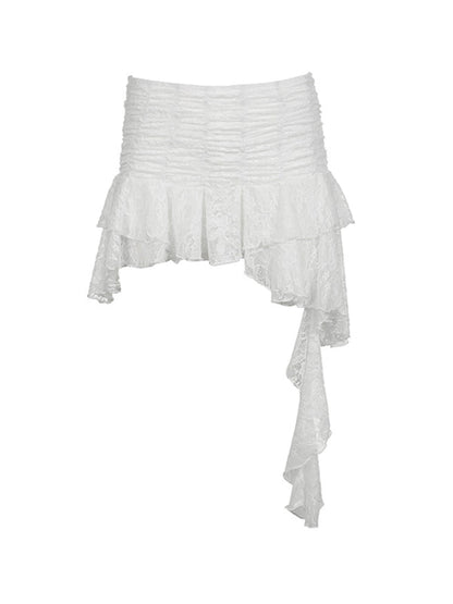 Mini Skirts- Layers Asymmetric Ruffle Lace Mini Skirt- - Pekosa Women Fashion