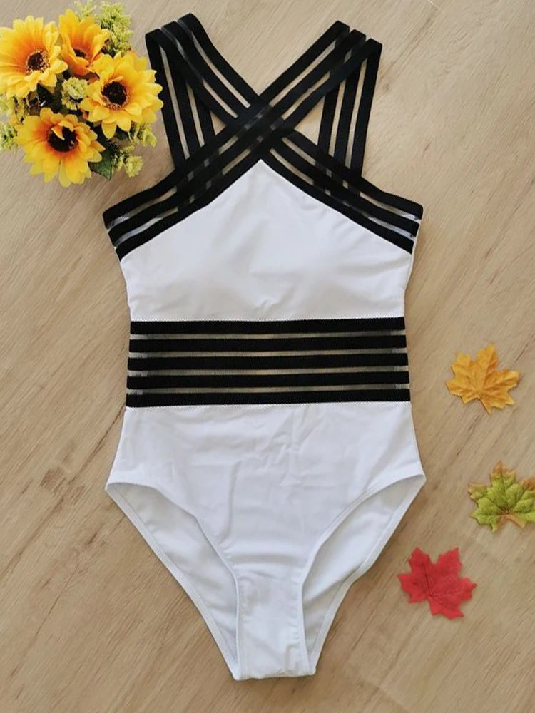 Monokini Swimwears - Criss-Cross Mesh High-Neck Monokini for Water Sports