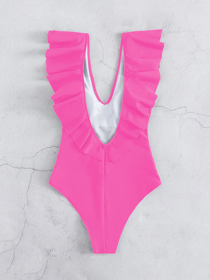 Monokini Swimwears - Dive-In Diva Ruffle Deep V-neck Solid Monokini