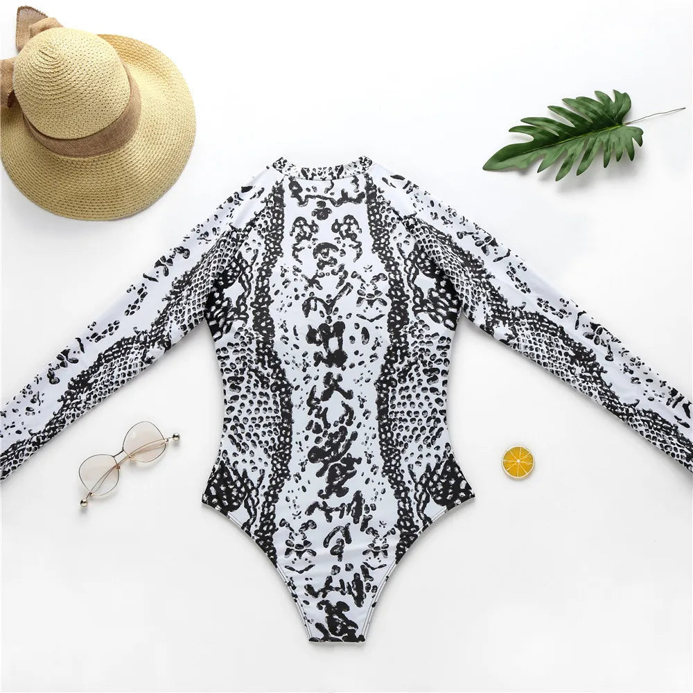 Monokini Swimwears - Leopard Print Protective One-Piece Swimwear Rash Guard for Women