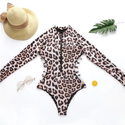 Monokini Swimwears - Leopard Print Protective One-Piece Swimwear Rash Guard for Women